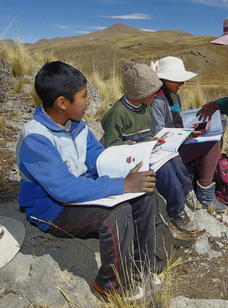 On 24 July 2020, Raymunda Charca (right) helps her children (left-right) Juan Carlos, 13, Alvaro, 10, and Roxana Cabrera, 16, on top of a hill where they can pick up signal on their mobile phones to receive virtual classes during the COVID-19 novel coronavirus pandemic, near their house in the remote highland community of Conaviri, district of Manazo, in the Peruvian Andes close to Lake Titicaca and the border with Bolivia. As schools remain closed due to the pandemic, the Cabrera children participate in the "Learn at Home" educational platform which was implemented by the Peruvian Ministry of Education.

Non-exclusive AFP stock photo for UNICEF use. Totally restricted for use by media and partners. While this means that media clients subscribing to AFP may have access to the same images, this is still very useful for immediate on-set emergencies as well as the L3 countries where UNICEF works. © Notice: Non-exclusive rights are granted to UNICEF with these AFP photos. The photos may be used by UNICEF and National Committees with a credit line acknowledging UNICEF, the photographer and AFP. This includes use on all UNICEF documents; UNICEF social media channels and web sites; UNICEF fundraising communication activities; to illustrate press releases on UNICEF platforms. These photos may be shared through WeShare with the usage restriction clearly visible. These photos may NOT be used in media outreach; and may NOT be distributed to partners.